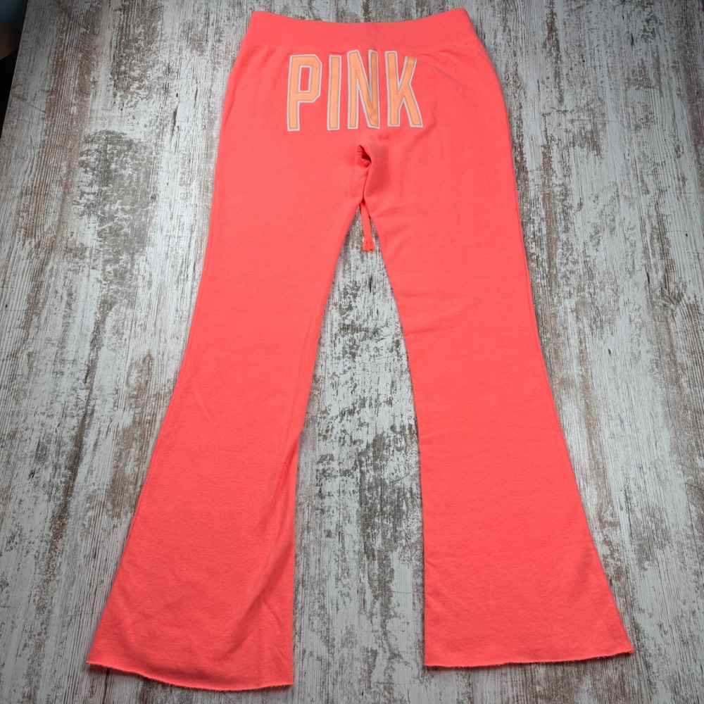 VTG Y2K Style PINK Victoria's Secret Flare Sweatpants Neon Coral Butt SpellOut M